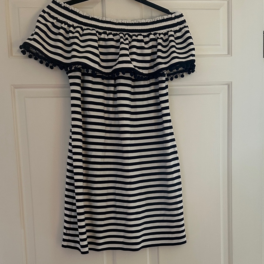Navy and White Striped Off-Shoulder Dress